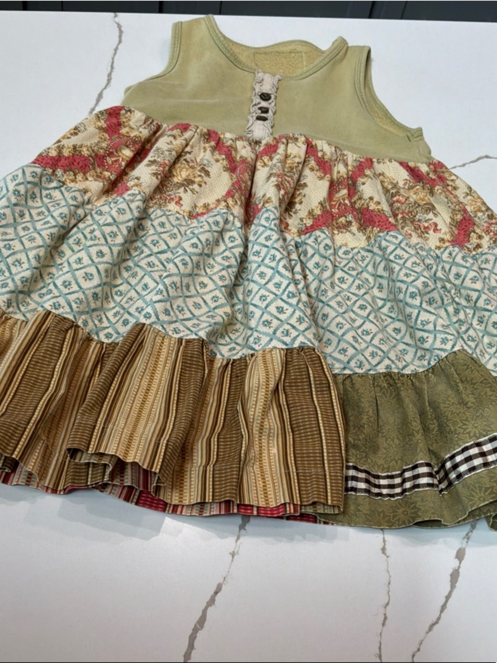 Matilda Jane Tiered Patchwork Dress in Olive, Teal, Rust, Brown Size 6